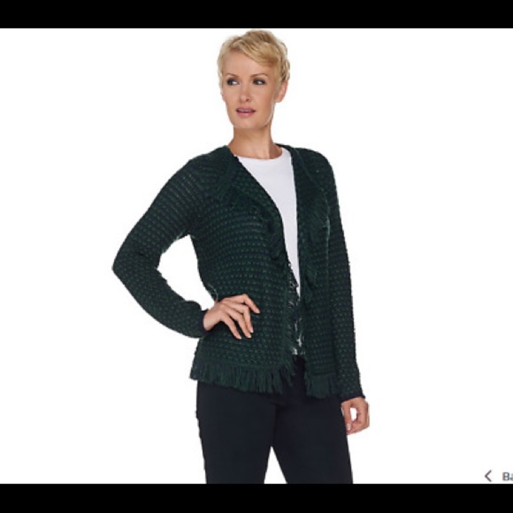 C Wonder Cardigan Sweater Womens Plus Size 1X Open Front Fringe Trim Blue Green